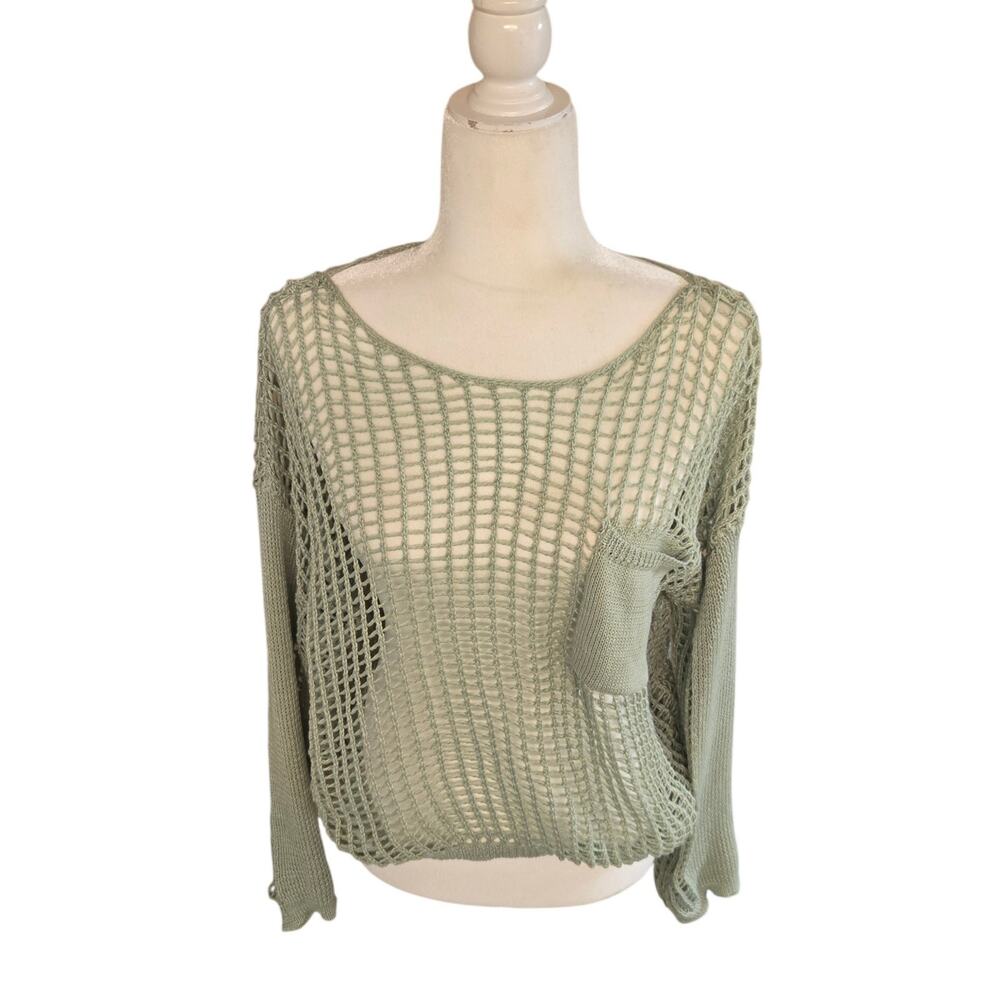 Y2K Boho Top Crochet Open Knit Long Sleeve Mesh Womens Oversized Sage Green Med